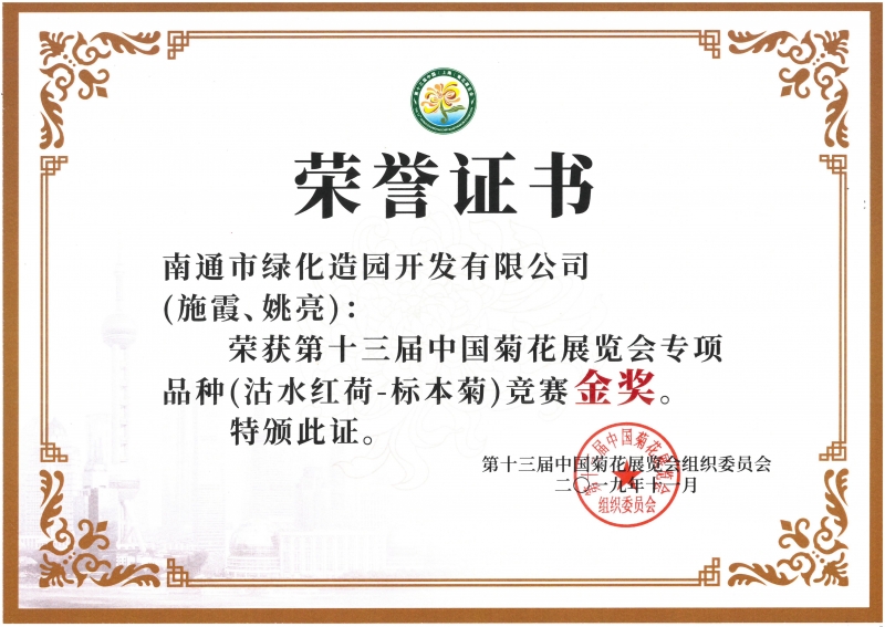 十三屆中國菊花展覽會專項品種（沽水紅荷-標本菊）競賽金獎（施霞、姚亮）